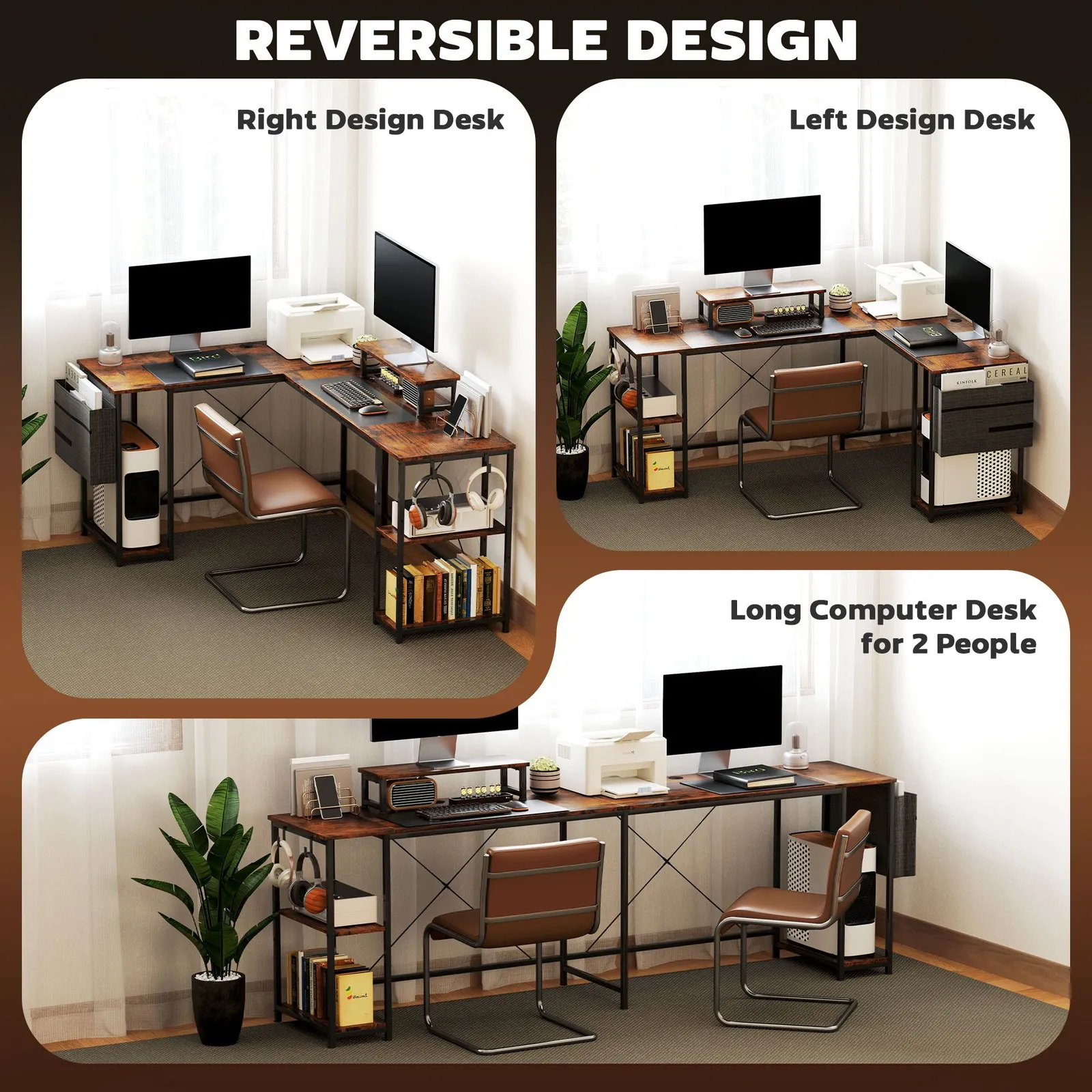 HOMCOM 168cm Reversible L Shaped Desk, 240cm Two Person Desk in Brown 5