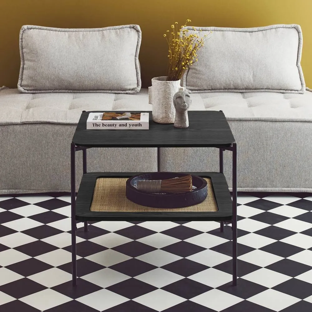 sweeek Square Coffee Table With Wood Effect & Cane in Black 2