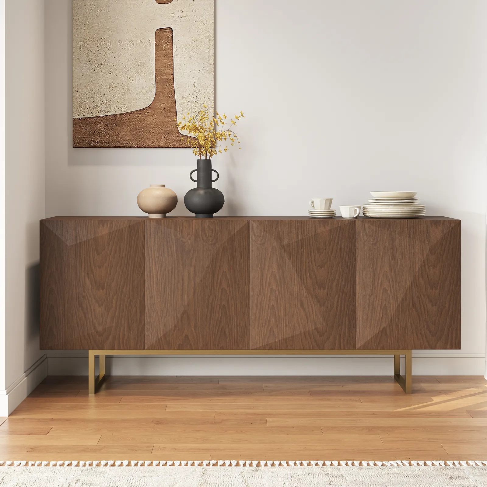 1803mm Modern Walnut&Yellow Sideboard Kitchen Cabinet with djustable Shelves
