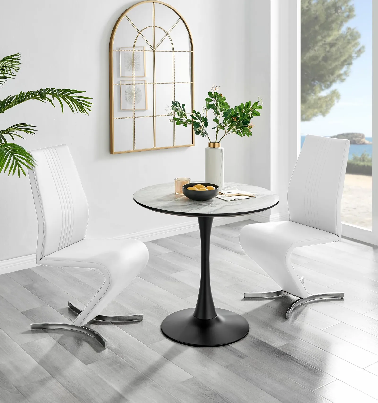 FurnitureboxUK Elina White Marble Effect Scratch Resistant Dining Table & 2 Willow Faux Leather Chairs 1