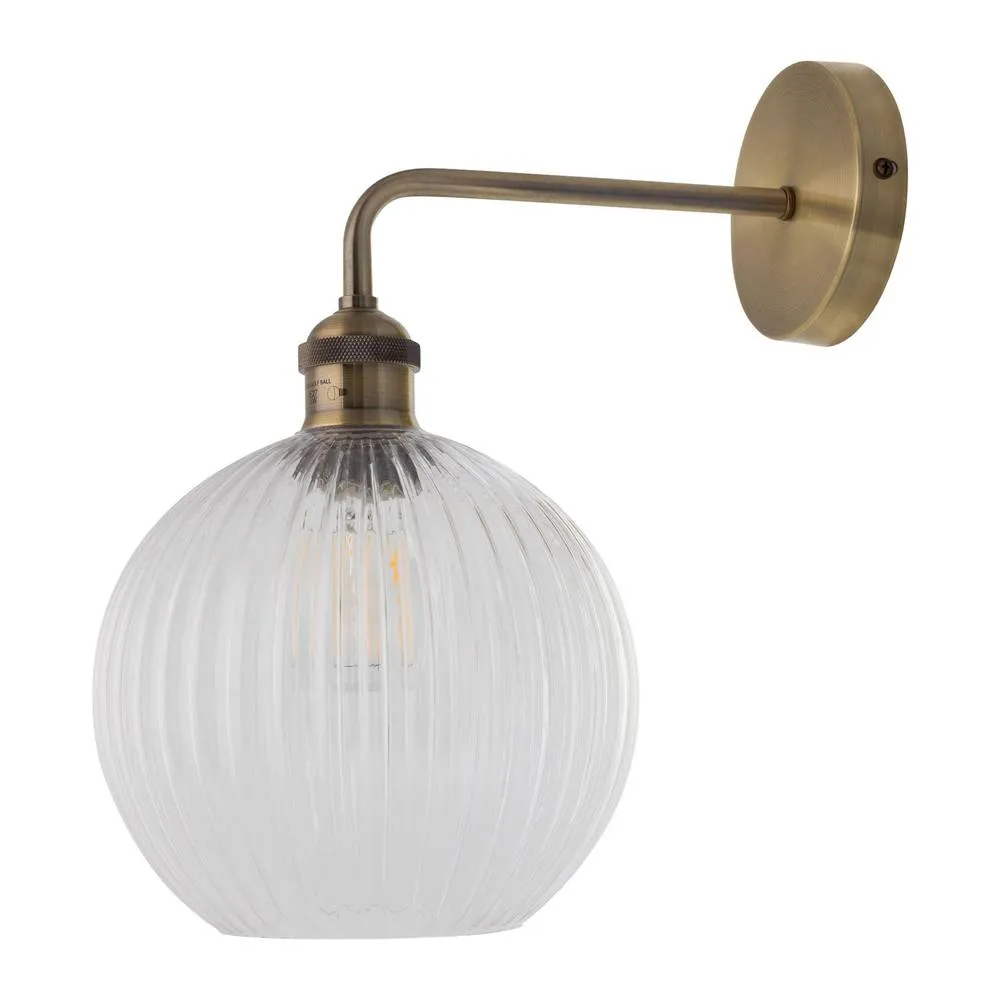 First Choice Lighting Isaac - Antique Brass Wall Light with Clear Ribbed Glass Shade in Gold