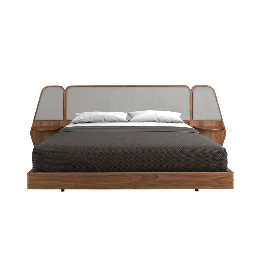 Angel Cerda Walnut Veneer Double Bed with Grey Fabric Headboard 2