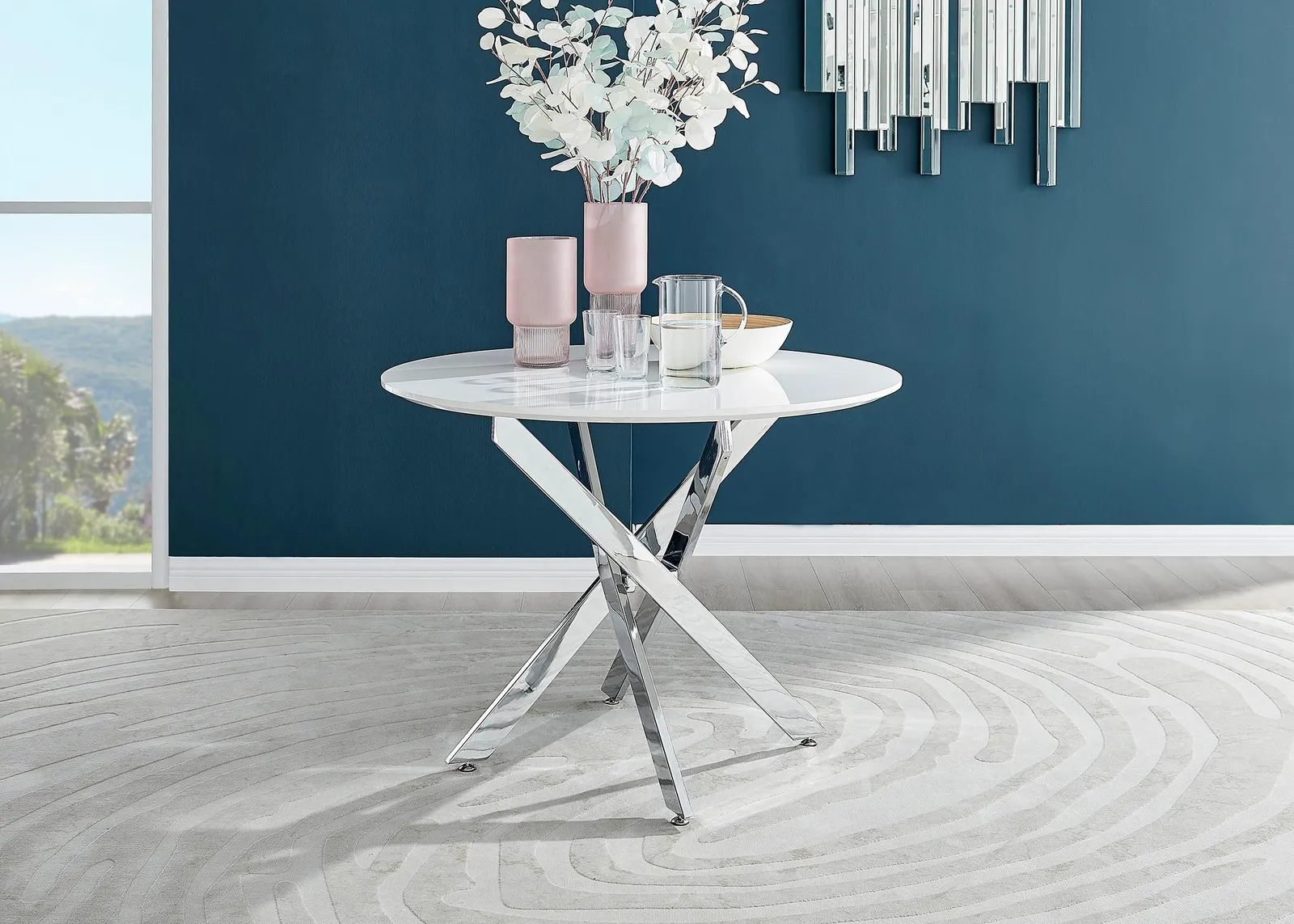 FurnitureboxUK Novara 100cm Round 4-Seater Dining Table With Silver Chrome Legs in White 2