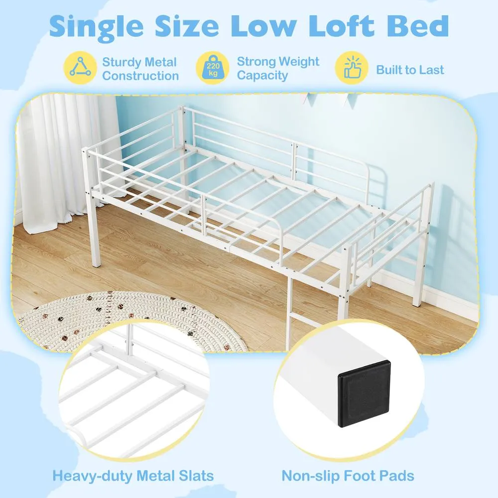 Costway Single Size Low Loft Bed Metal Bed Frame w/ Guardrails & 2 Ladders in White 6