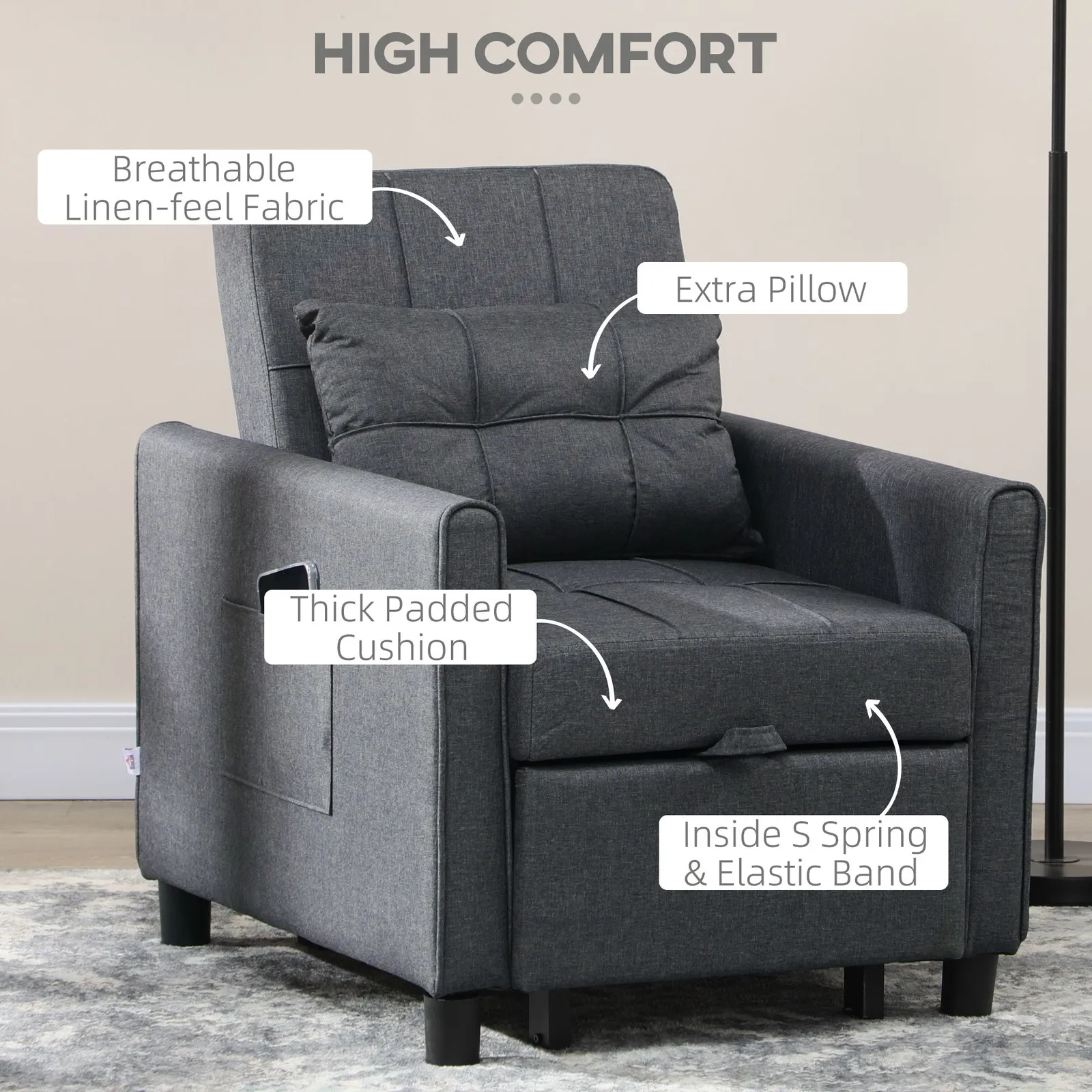 HOMCOM Folding Chair Bed, Fold Out Bed with Pillow & Side Pockets in Dark Grey 4