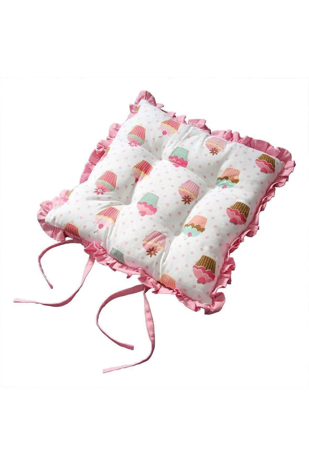Homescapes Reversible Pink Frilled Cushion Seat Pad with Ties Cup Cakes
