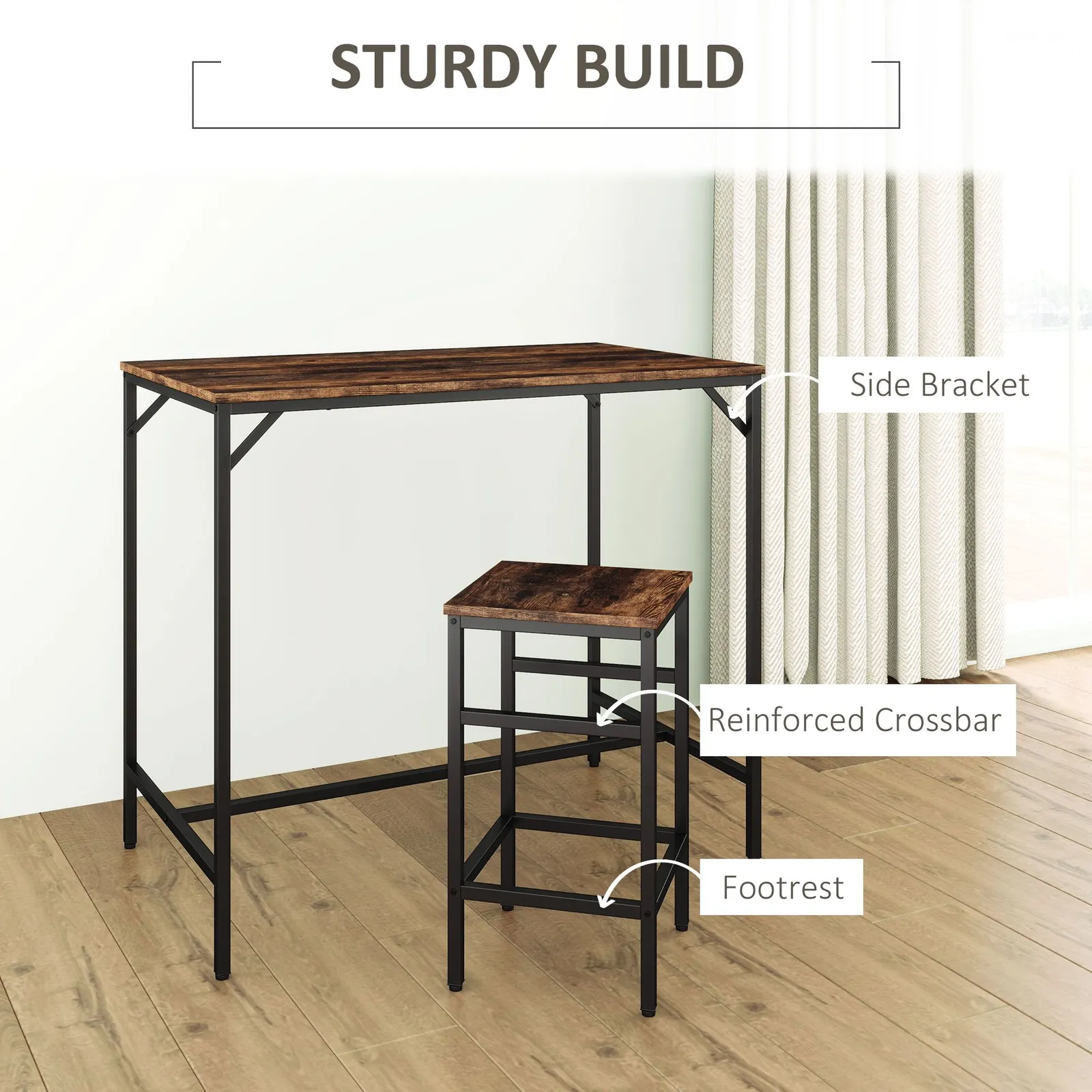 HOMCOM Industrial Rectangular Dining Table Set with 4 Stools for Dining Room in Brown 5