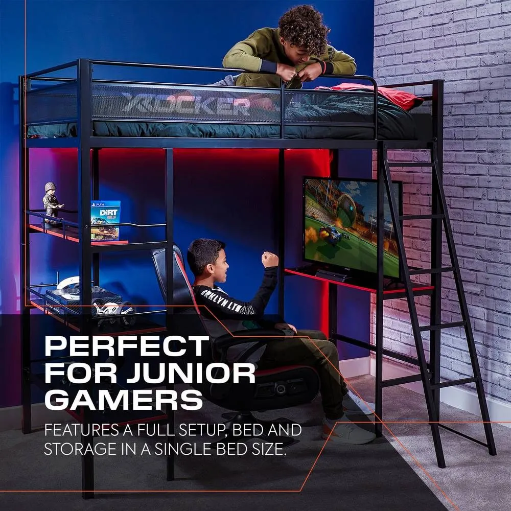 X Rocker Fortress High Sleeper Bunk Bed with 3 Shelves & Desk in Black 6