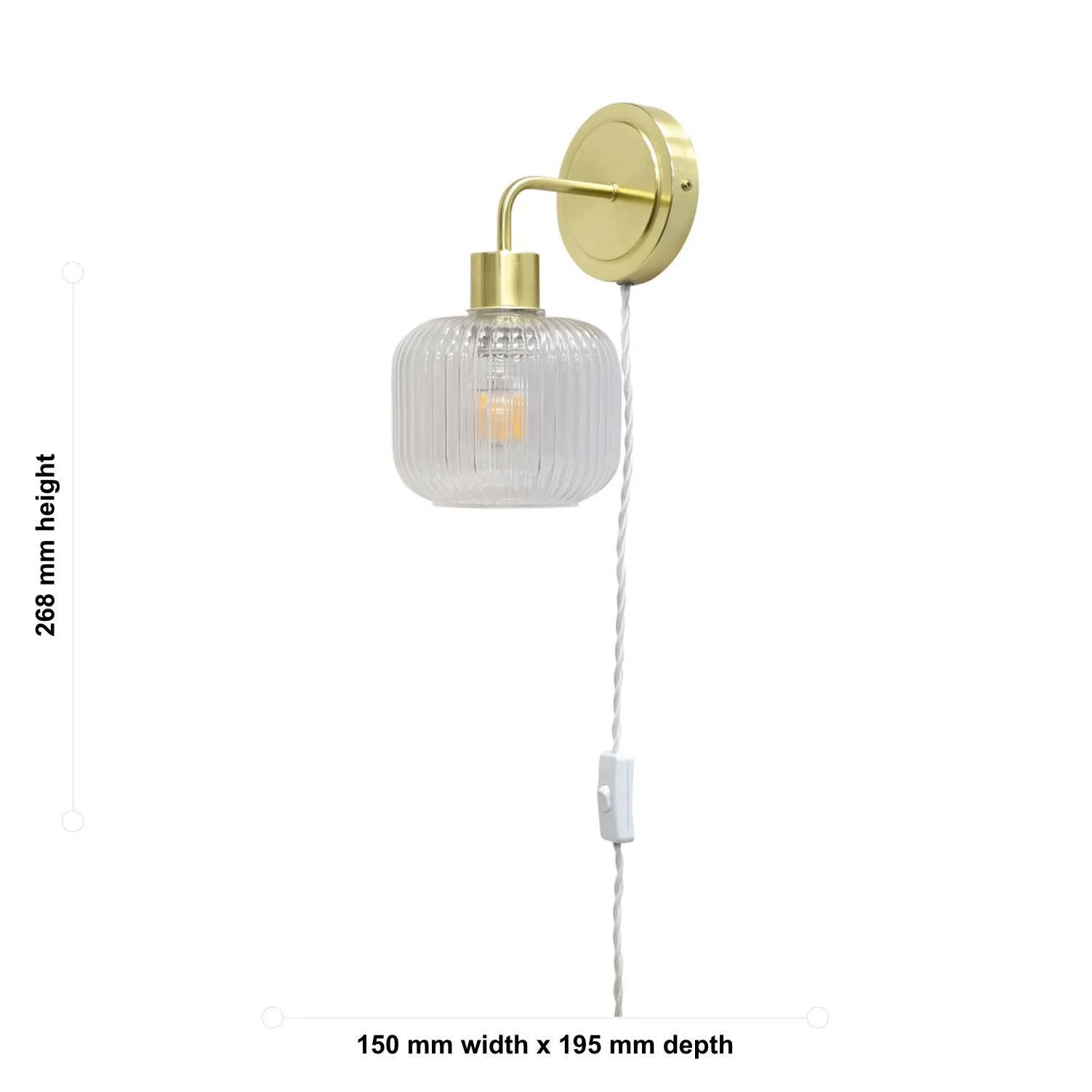 First Choice Lighting Set of 2 Toby - Satin Brass Plug in Wall Lights Ribbed Glass Shades in Gold 6