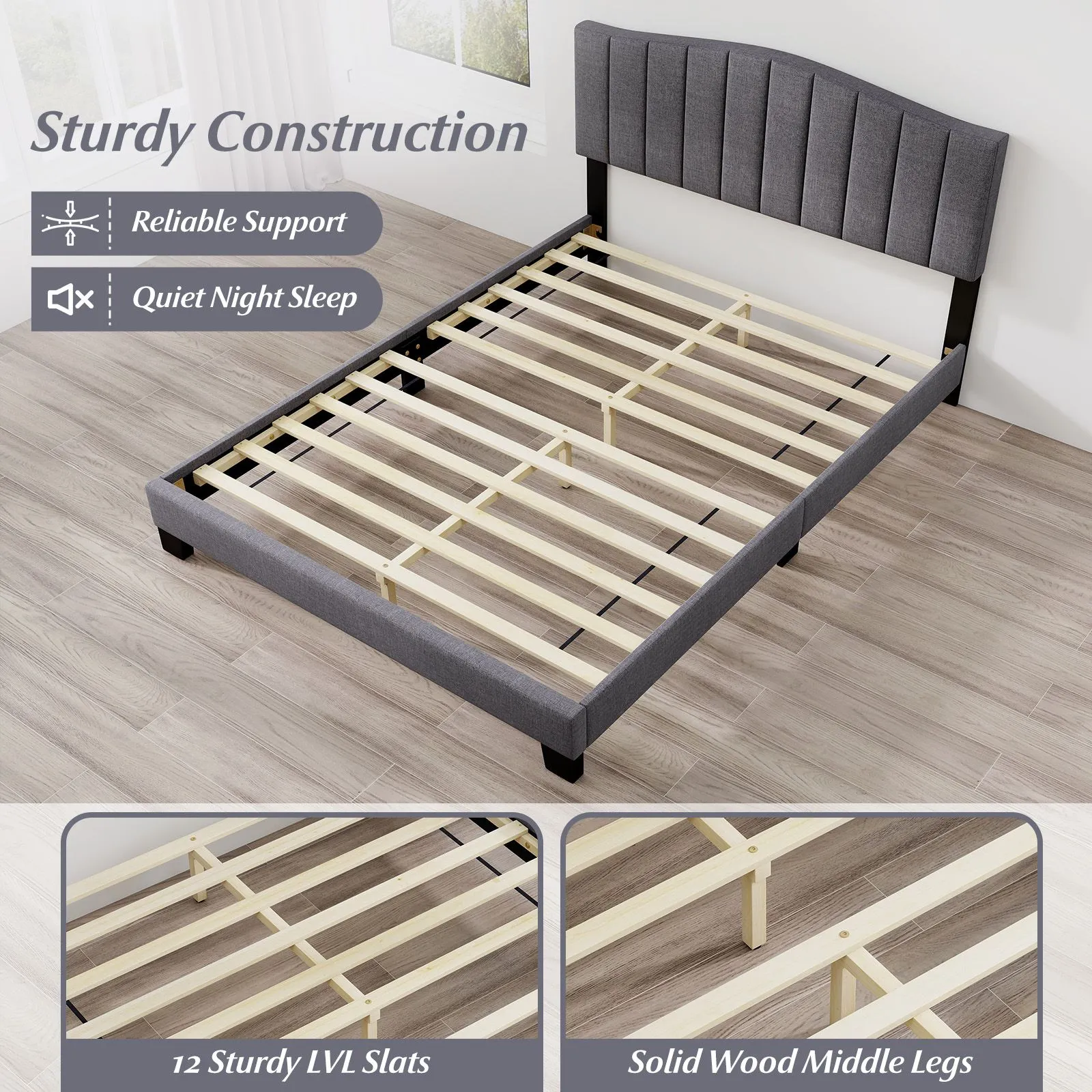 Costway Modern Upholstered Bed Frame Double Size Platform Bed in Grey 5