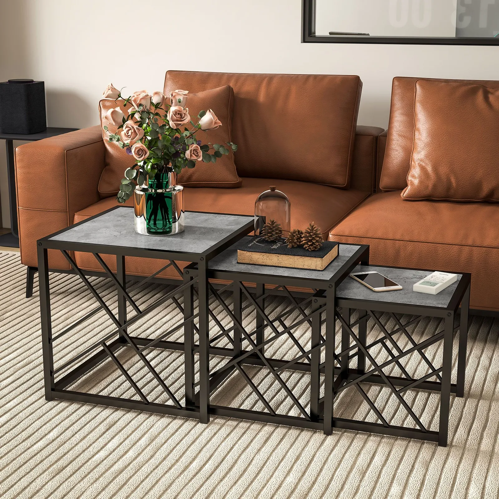 HOMCOM Set of 3 Nesting Coffee Tables Square Side Tables with Metal Frame in Grey
