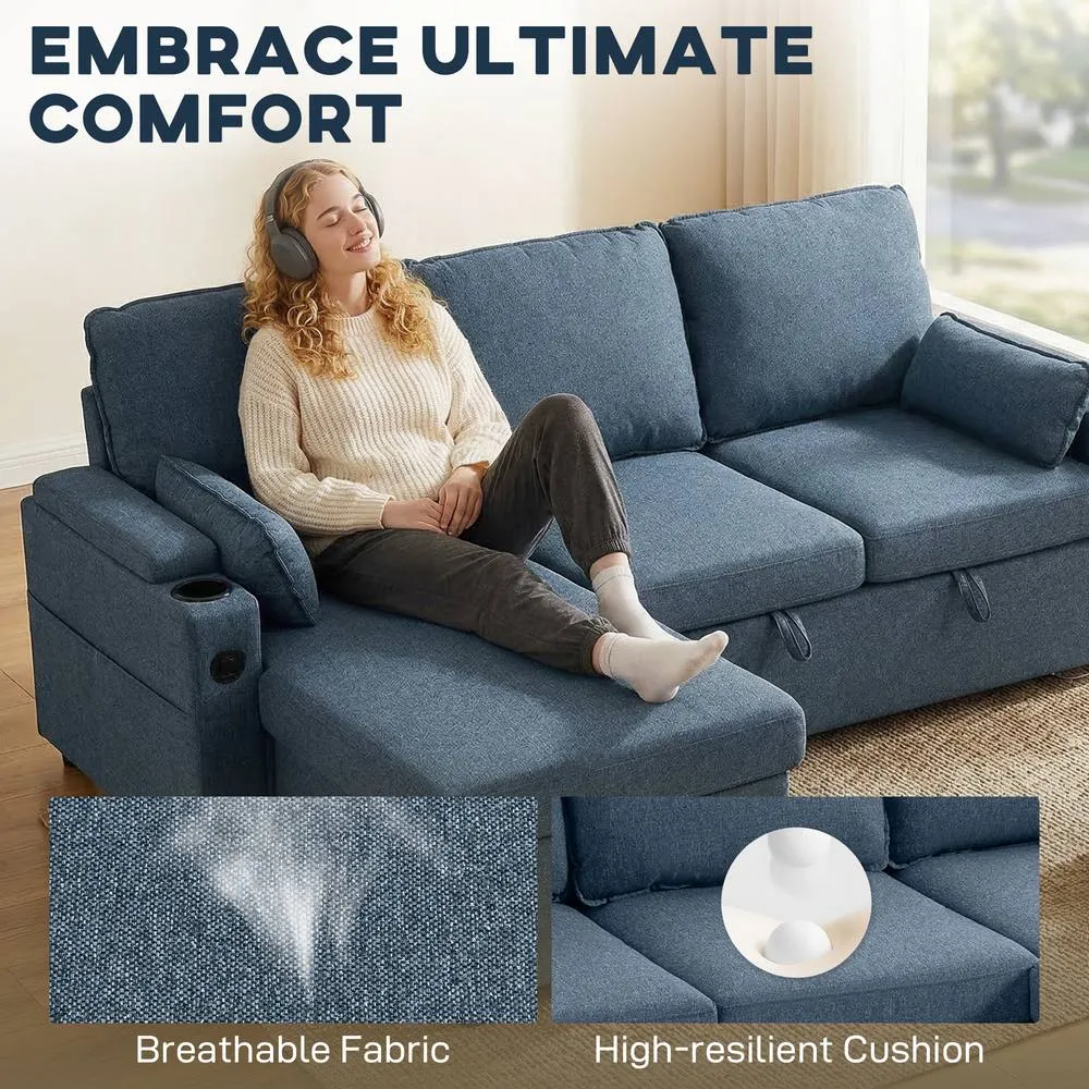 HOMCOM Corner Sofa Bed, L Shaped Sofa with Storage Chaise, USB Ports in Blue 4