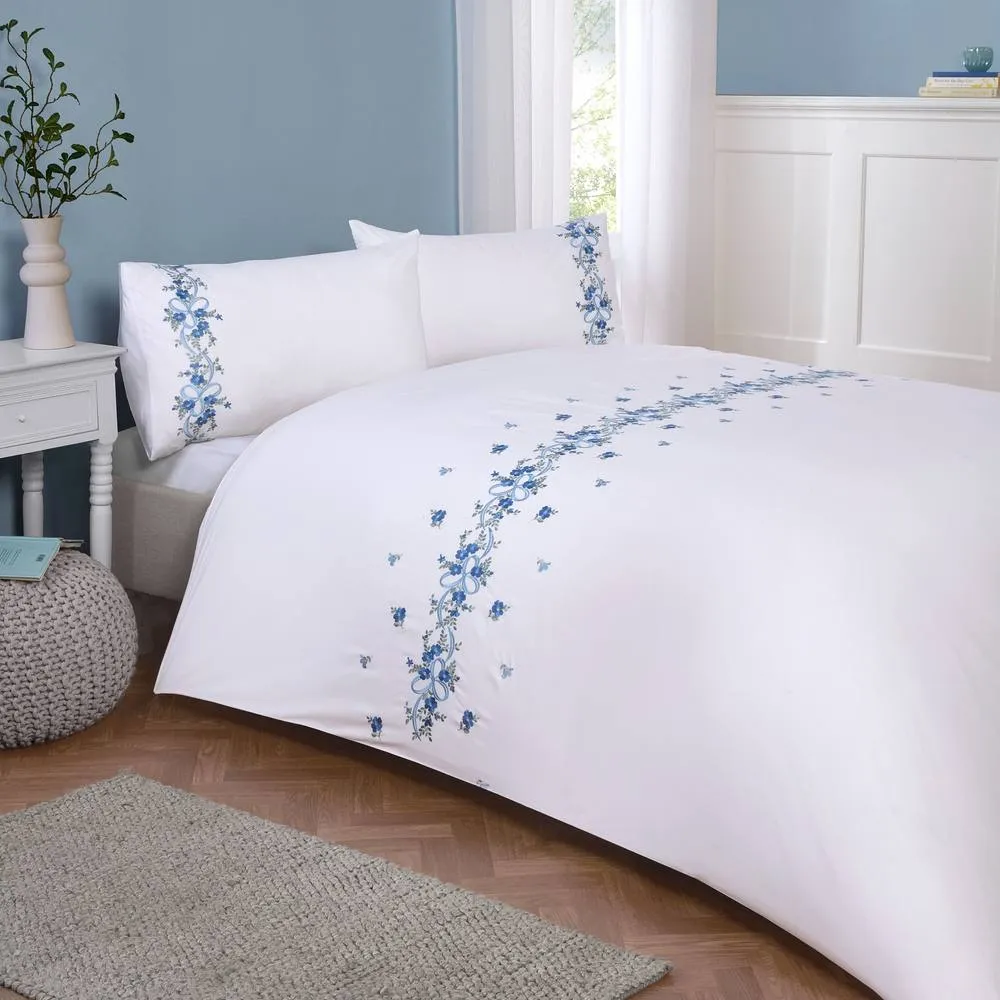 Rapport Home Floral Ribbon Polycotton Duvet Cover Bedding Set With Pillowcase in White