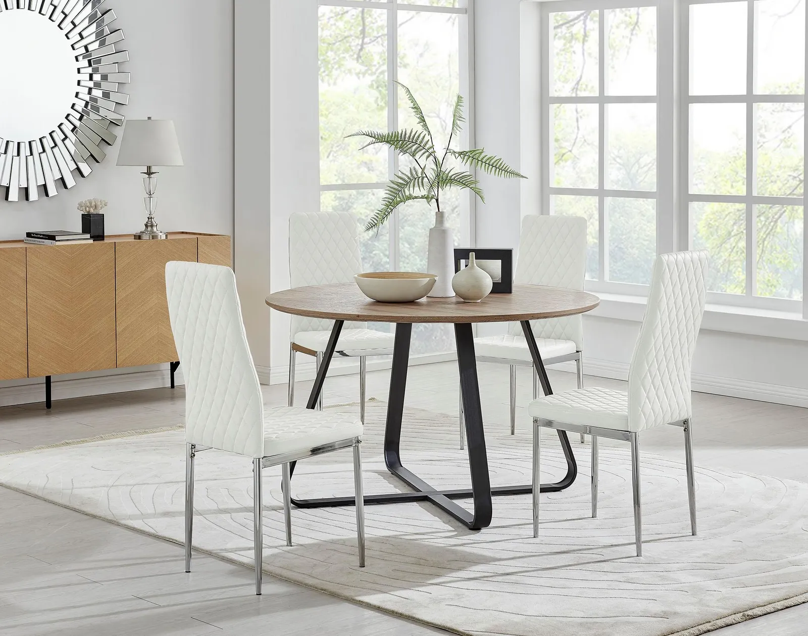 FurnitureboxUK Santorini Brown Wood Contemporary Round Dining Table & 4 Milan Chairs Set in Off-White 1
