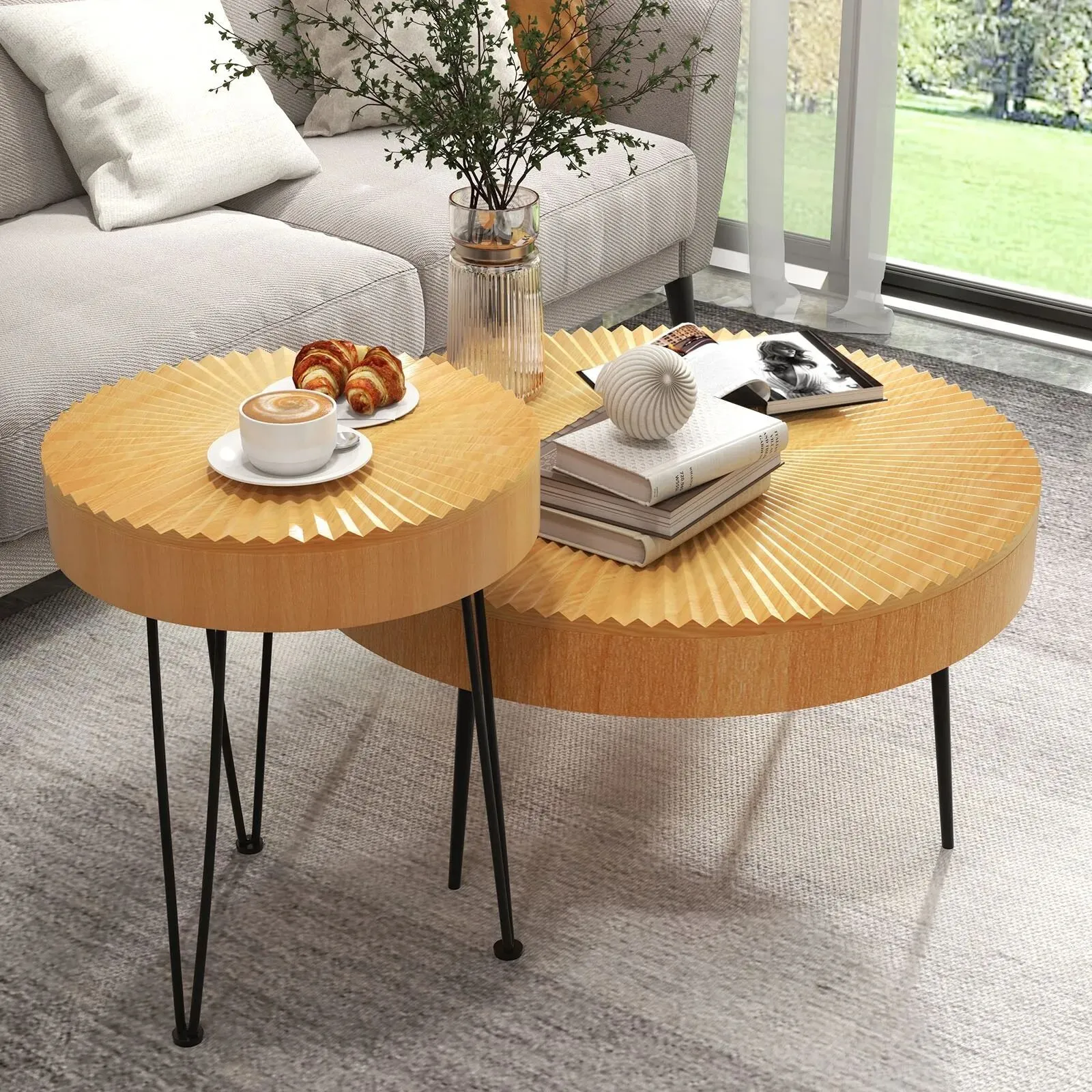 Costway 2PCS Round Nesting Tables Boho Farmhouse Accent Coffee Tables w/Adjustable Foot in Natural 2