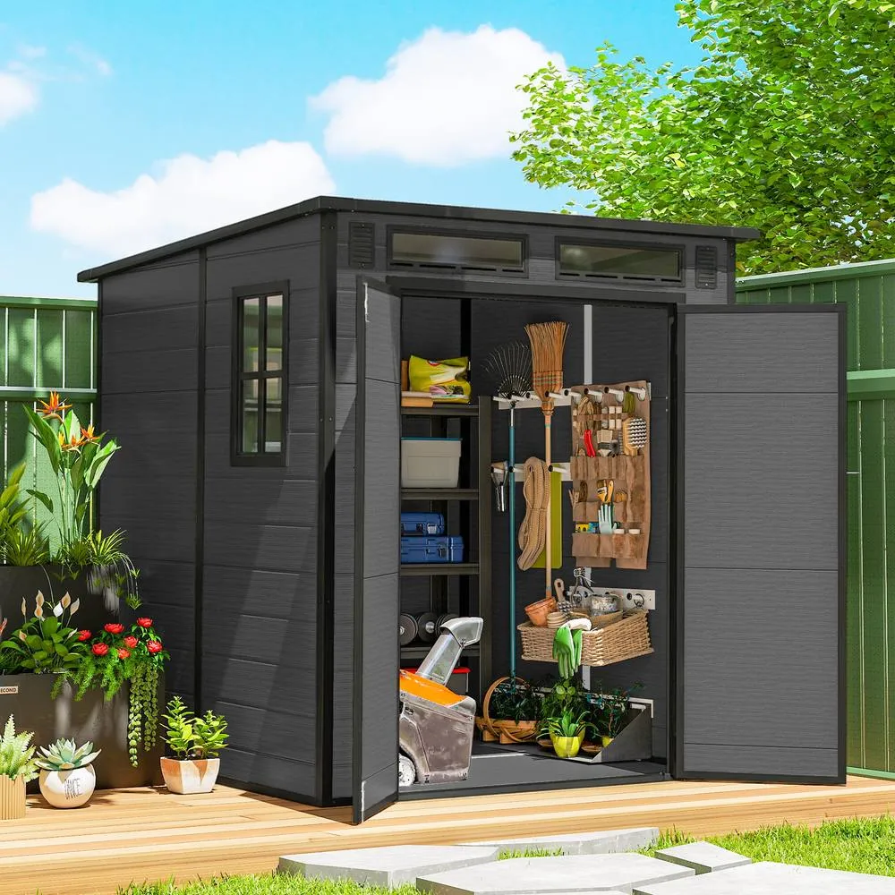 OUTSUNNY 6 x 6 ft Plastic Garden Shed with Floor, Lockable Doors in Dark Grey 2