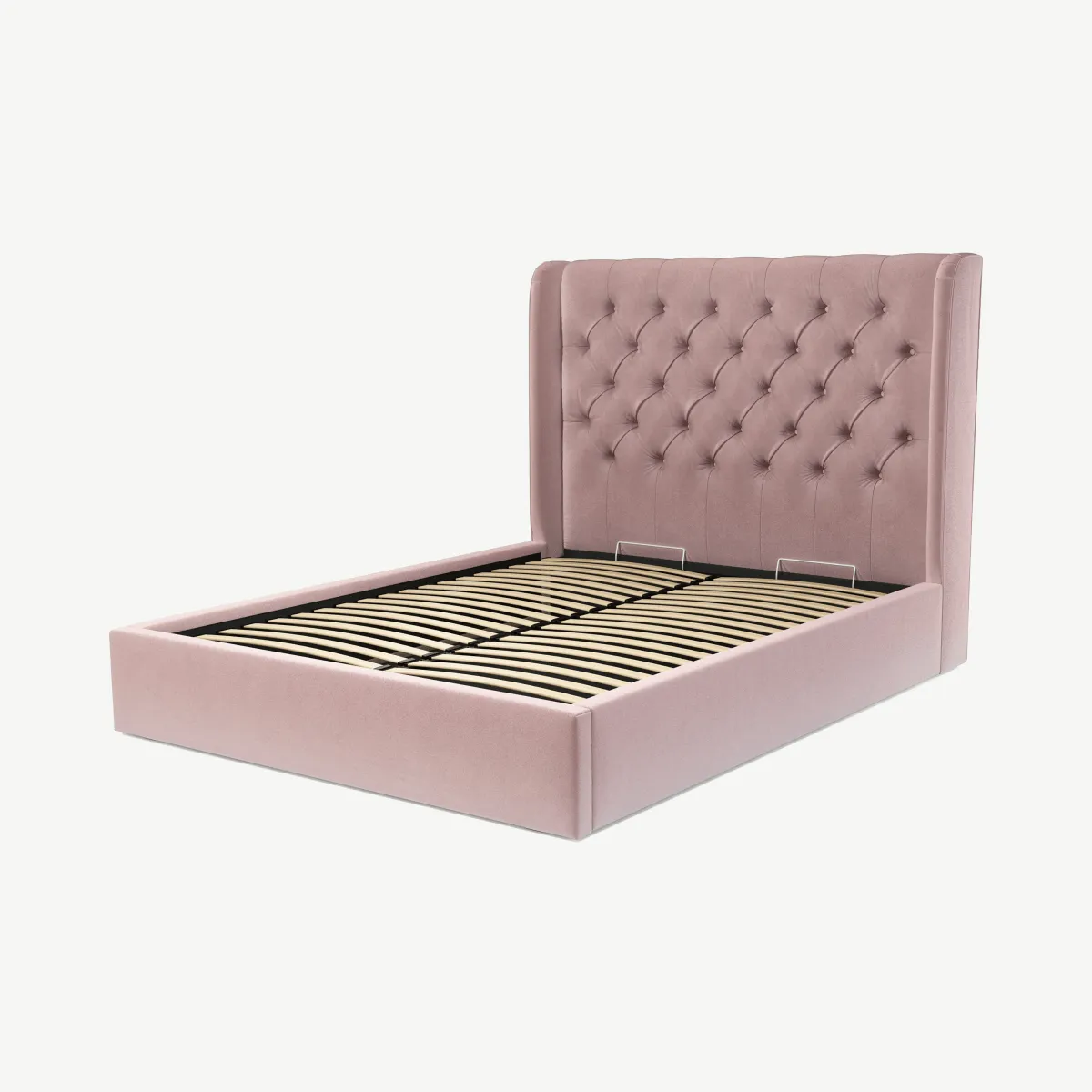 Romare King Size Ottoman Storage Bed, Heather Pink Velvet