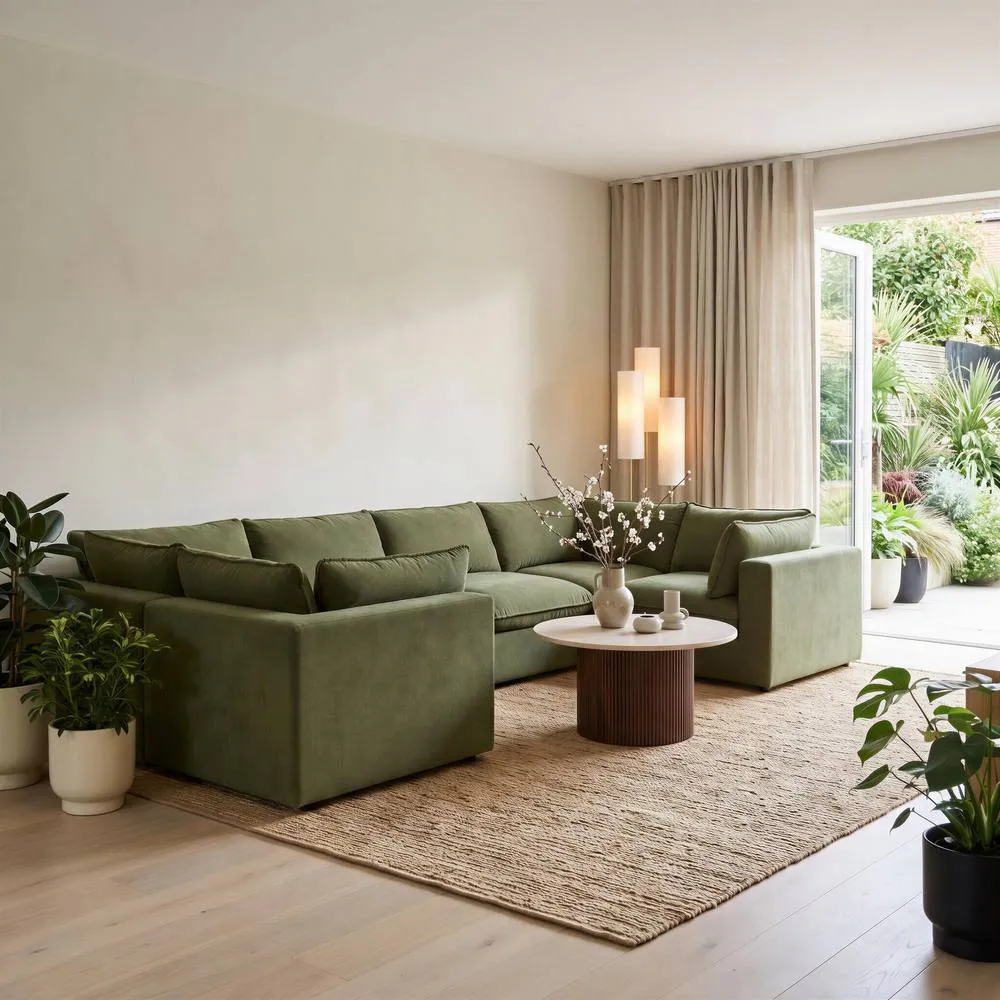 FurnitureboxUK Echo Linen-Look Fabric 5 Seater U-Shaped Modular Corner Sofa in Green 5