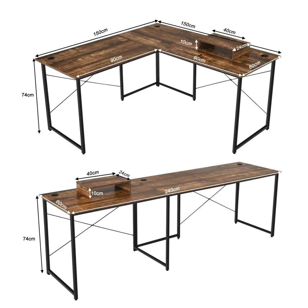 Costway L-Shaped Corner Computer Desk Reversible Study Writing Desk Workstation 2 Person in Brown 2