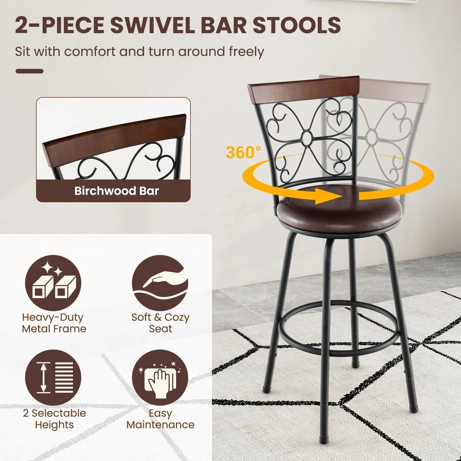 Costway Set of 2 Bar Stool Adjustable Height Swivel Kitchen Dining Chair in Brown 4
