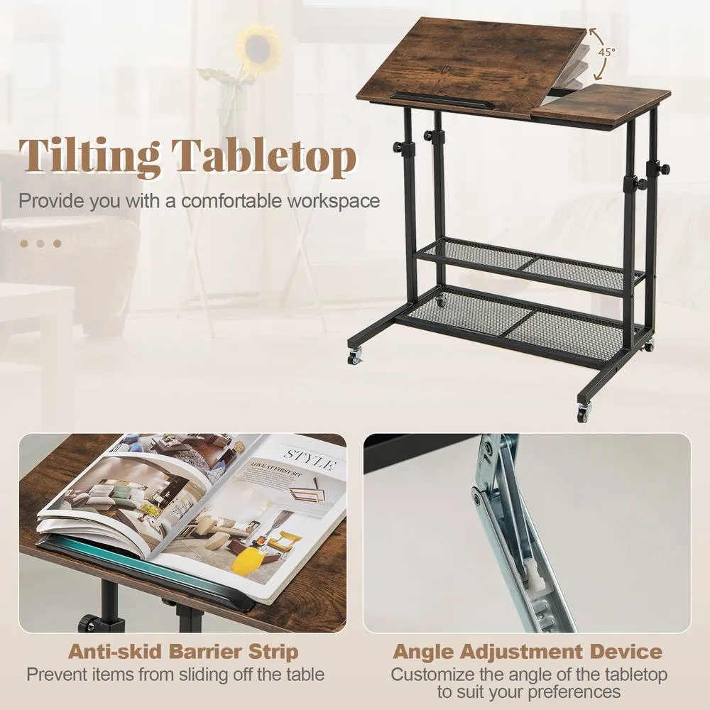 Costway Mobile Stand up Desk Height Adjustable Sit Stand Desk-Brown in Brown 6
