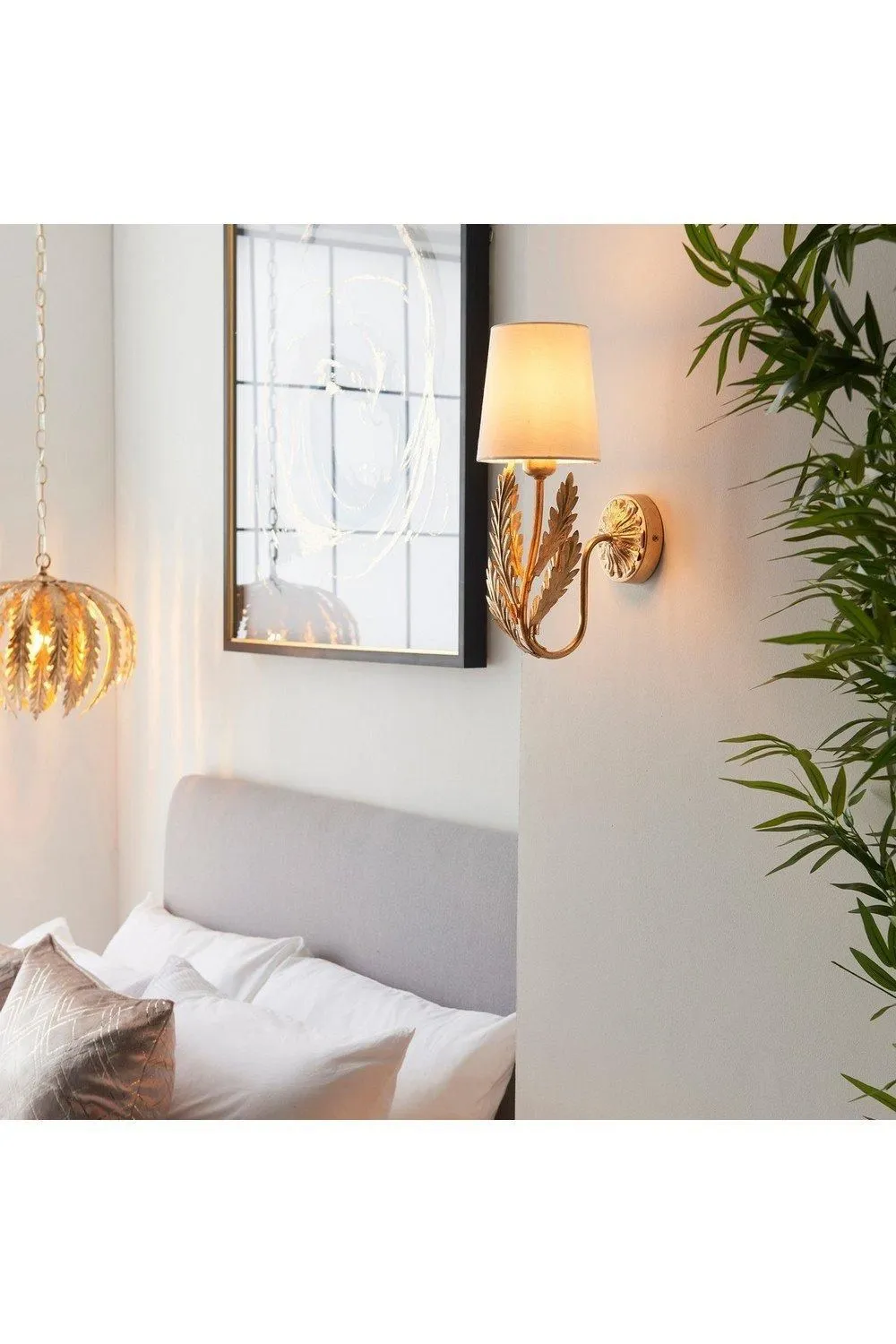 Netlighting Delphine Decorative Gold Layered Leaf Wall Lamp with Ivory Fabric Shades 4