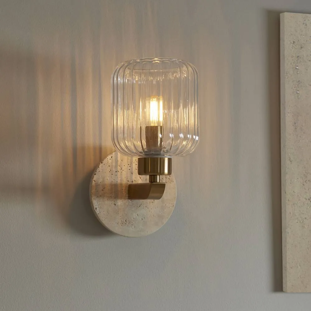 Netlighting Travi Ribbed Wall Lamp Beige Marble Vintage Brass & Ribbed Glass E14 2