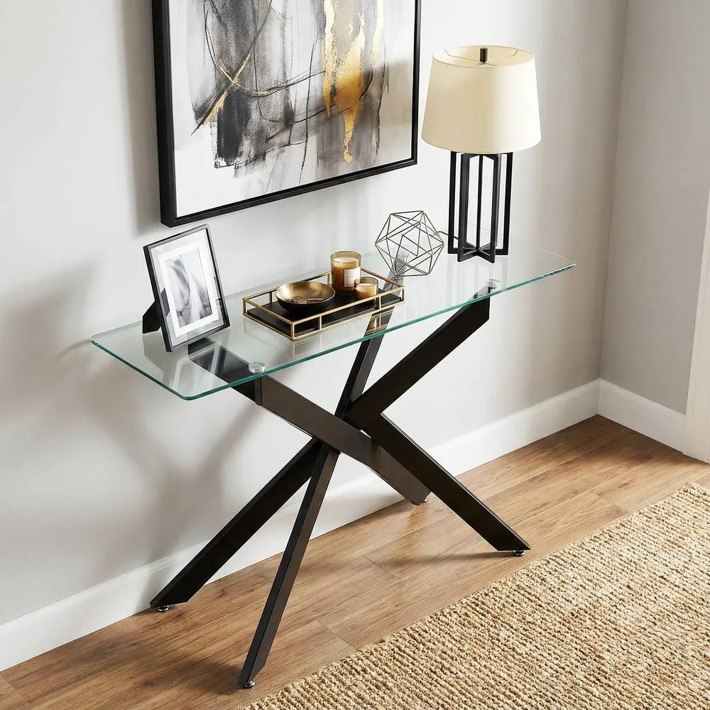 Costway Glass Console Table 115CM Entryway Table w/ Clear Tempered Glass Top in Black