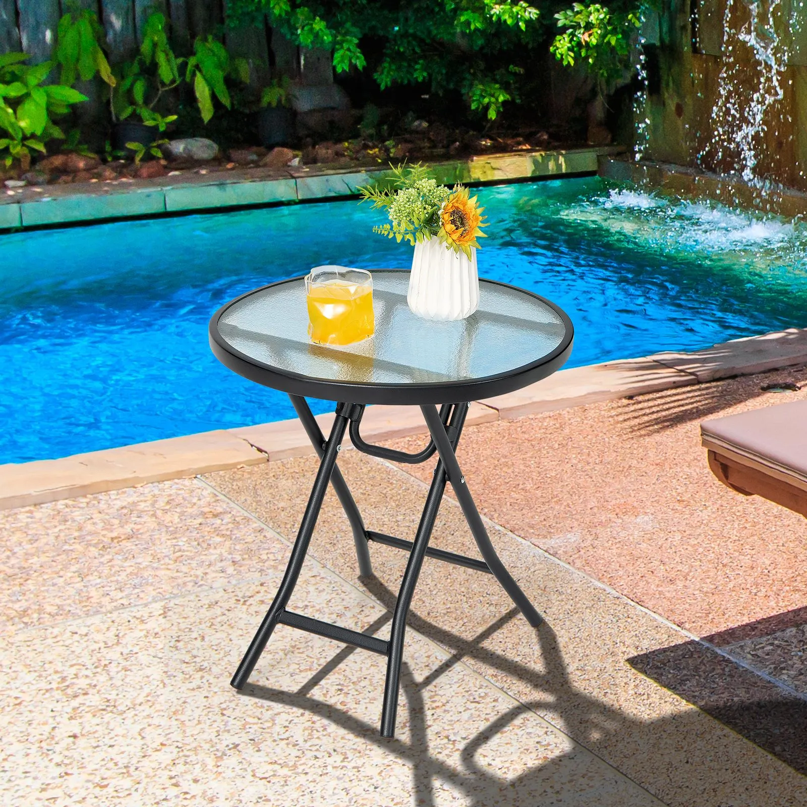 Costway Patio Folding Glass Side Table 46 cm Portable Round Bistro Coffee Table in Black 5
