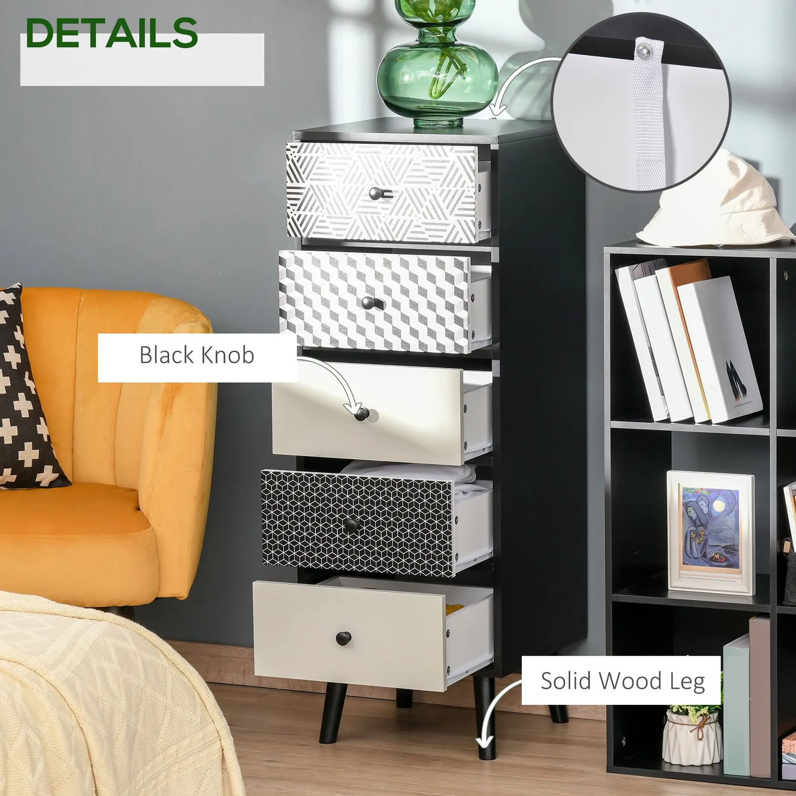 HOMCOM Chest of Drawers 5 Drawer Dresser Wooden Storage Cabinet Bedroom in Black 5