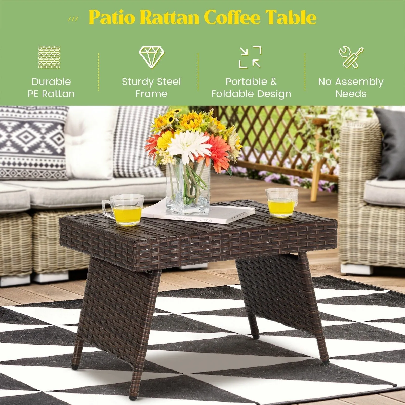 Costway Wicker Coffee Table Folding Outdoor Patio Rattan Side Table in Brown 5