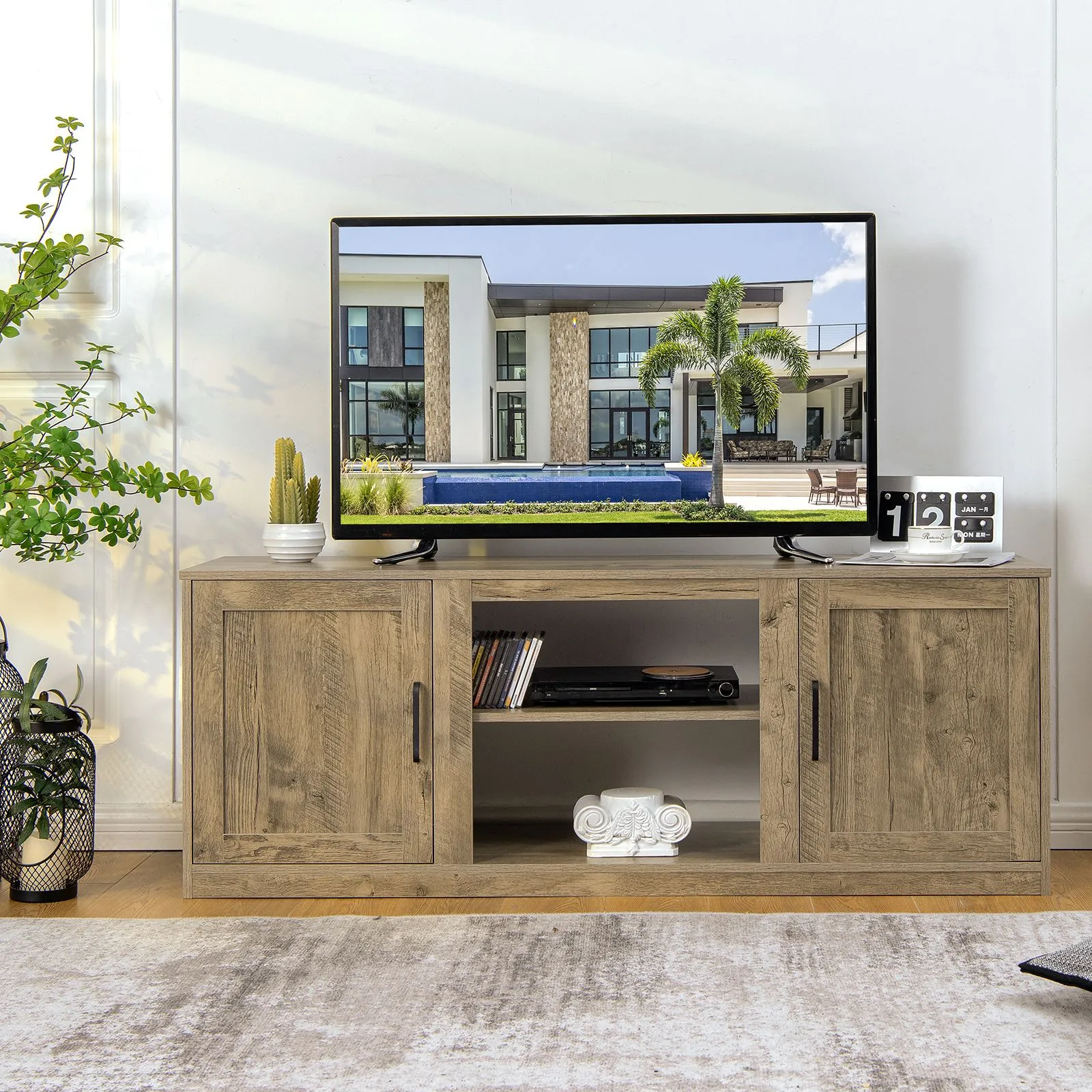 Costway Wooden TV Stand Entertainment Console Center With Storage Cabinets for 65 Inch TV in Natural