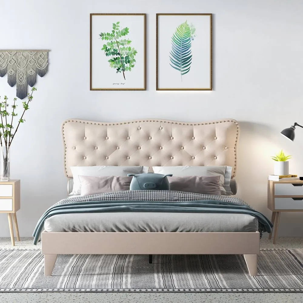 Costway Double Size Bed Frame Wooden Slats Platform w/ Upholstered Headboard in Beige 4