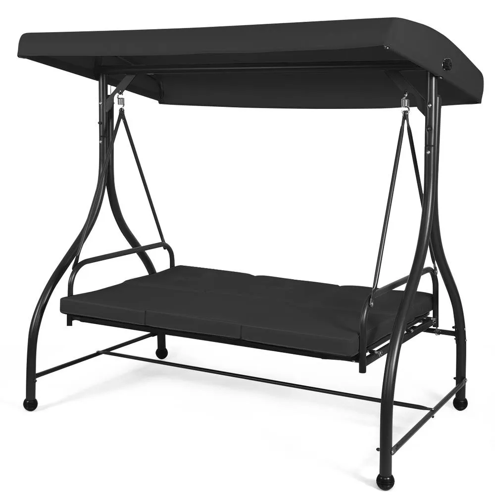 Costway Garden Patio Swing Chair 3 Seater Hammock Bench Convertible Canopy Cushion Seats in Black 5