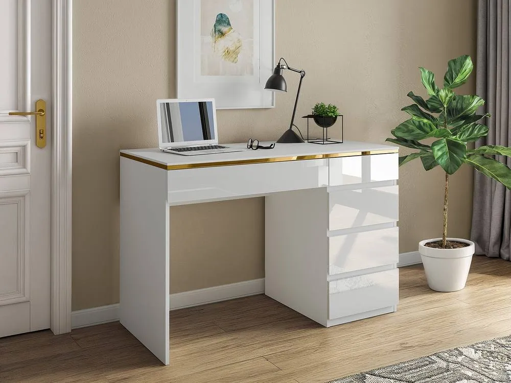 Vente-unique Desk - 5 Drawers - Glossy White & Gold - VUKIA 3