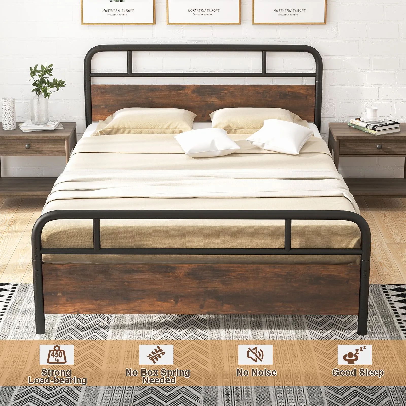 Costway Double Size Bed Frame Platform Metal Slats Support Bed W/ Industrial Headboard in Black 6
