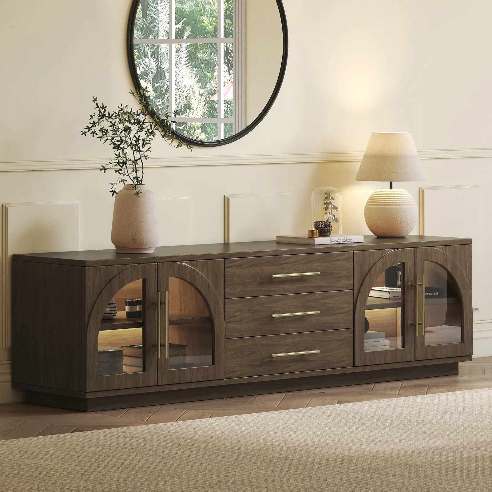 Arune 180 cm Arched Glass Doors Smoked Brown TV Stand with Storage and LED