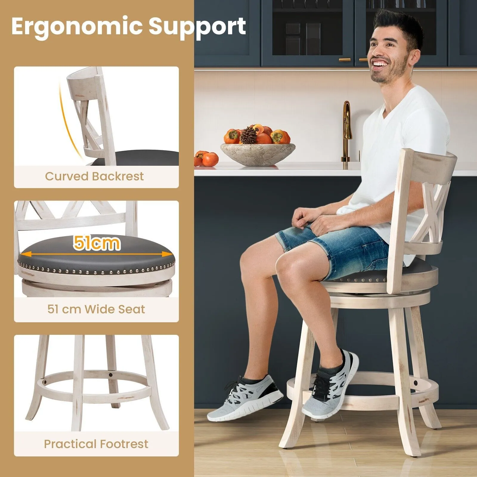 Costway Set of 2 Bar Stools Counter Height Chair Pub 360 Swiveling Upholstered Seat 24" in White 3
