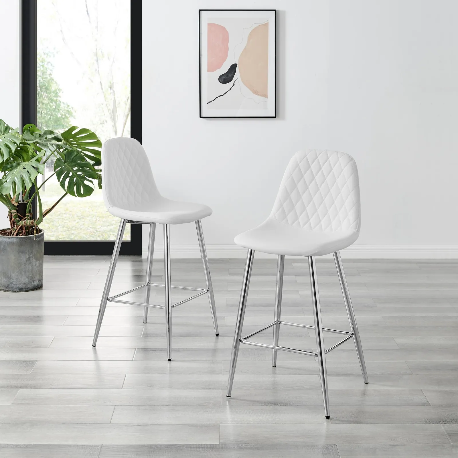 FurnitureboxUK Corona Set of 2 Counter Stools - Faux Leather Counter Stools With Silver Legs - Kitchen Island Stool in White 2