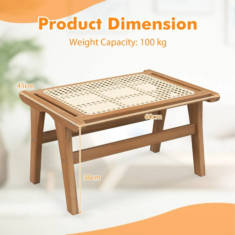 Costway Ottoman Footstool Natural Teak Wooden Foot Rest-Natural 2