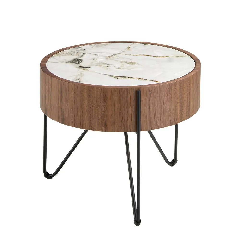 Angel Cerda Round Coffee Table, Porcelain Marble Top, Walnut in Warm White