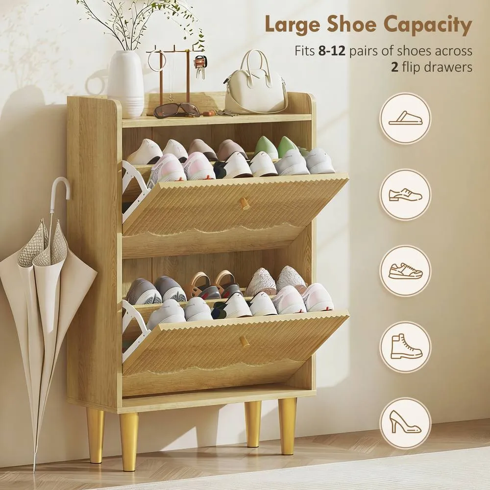 HOMCOM Narrow Shoe Cabinet, Shoe Storage Cabinet with 2 Flip Drawers, Oak in Natural 5