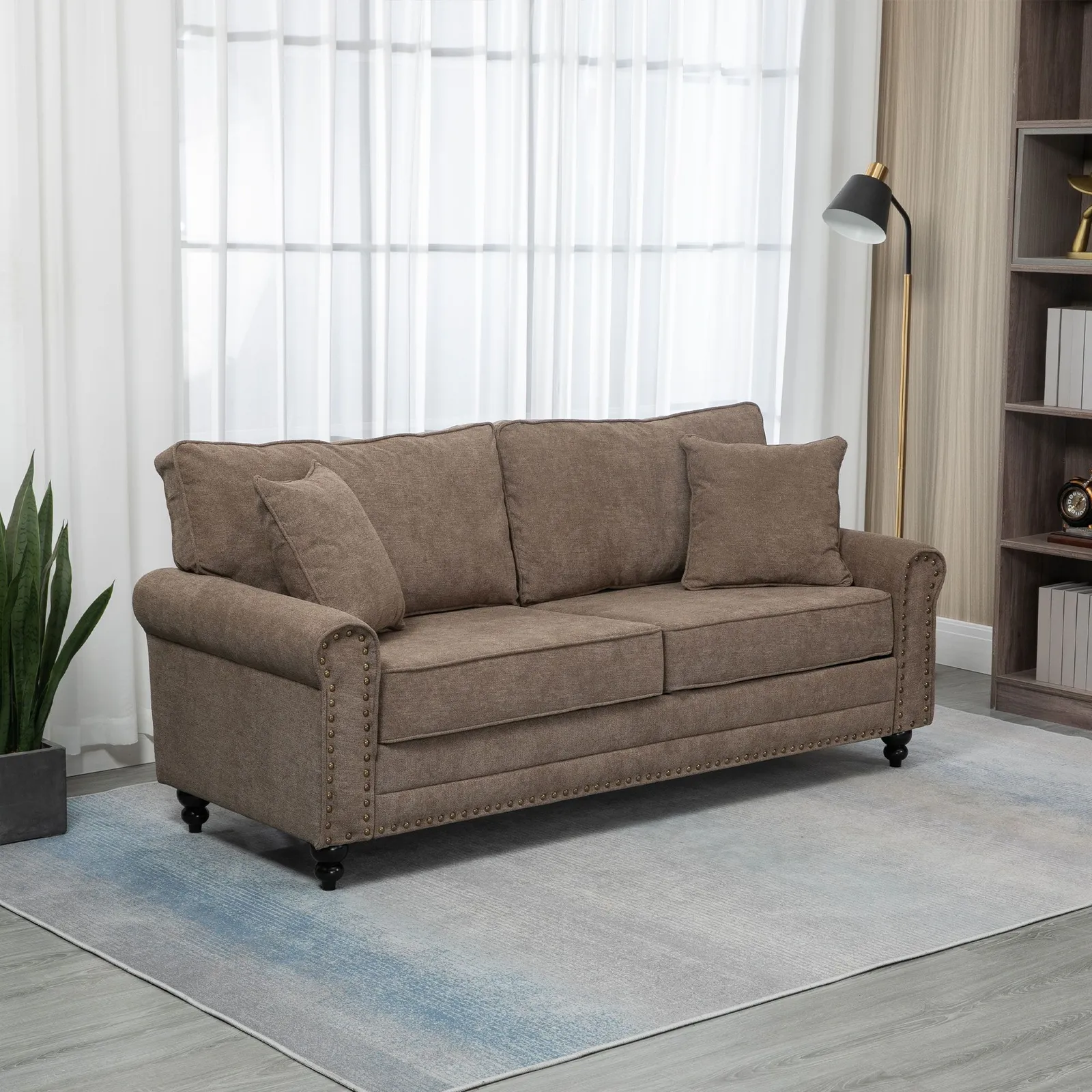 HOMCOM 3 Seater Sofas Fabric Sofa with Nailhead Trim Cushions & Throw Pillows in Brown