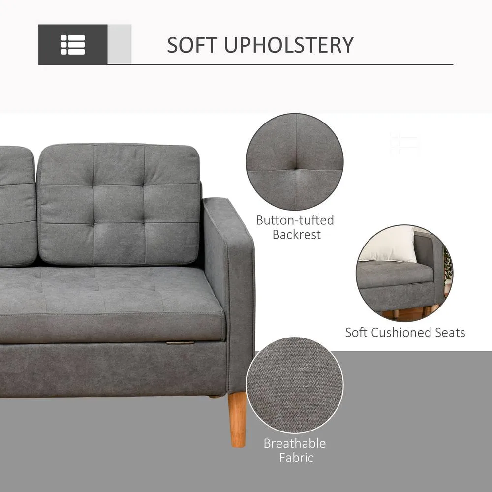 HOMCOM 3 Seater Sofa Button Tufted Fabric Couch Hidden Storage Rubberwood in Grey 6