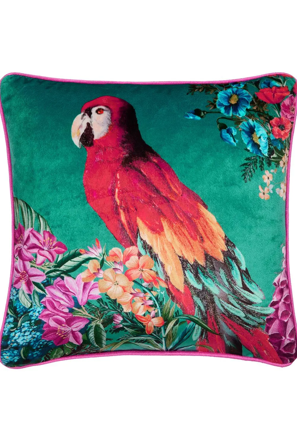 Laurence Llewelyn-Bowen 'Polly Amorous' Parrot & Floral Print Soft Touch Velvet Filled Cushion in Teal 2
