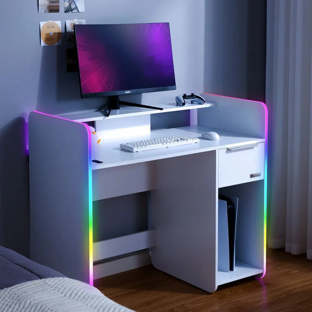 X Rocker Electra 110cm LED Gaming Desk with Wireless Charging & Drawer in White