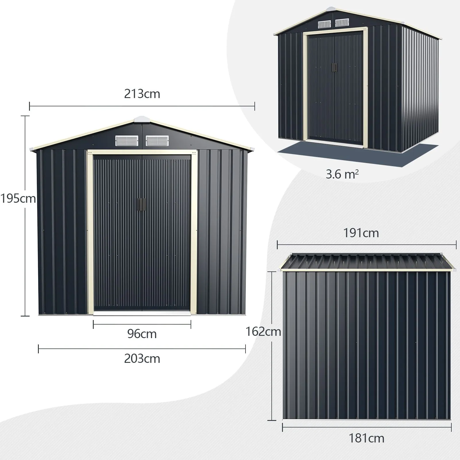 Costway 7x4ft Metal Storage Shed & Extension Kit Lockable Tool Storage House in Grey 2