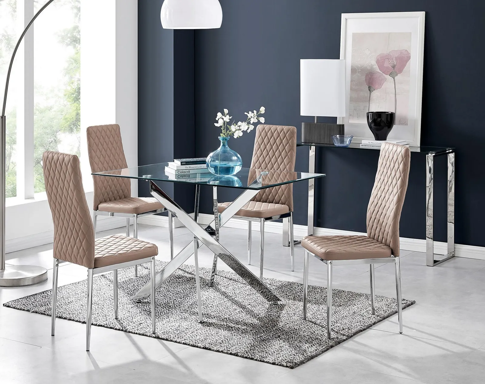 FurnitureboxUK Leonardo Glass & Chrome Metal Dining Table & 4 Milan Chairs Set in Beige