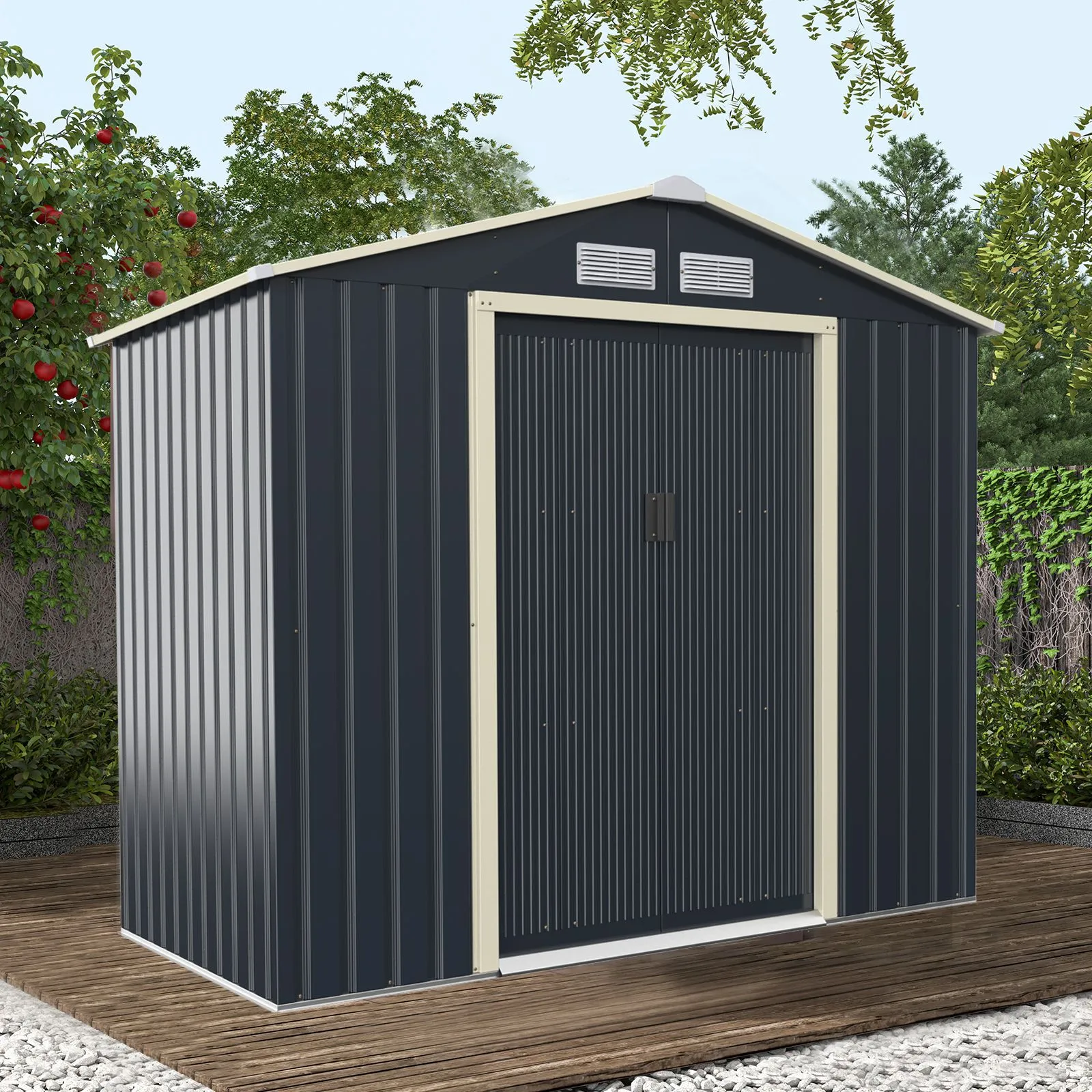 Costway 7 x 4FT Metal Garden Storage Shed Galvanized Tool Storage House w/ Lockable Doors in Grey 3