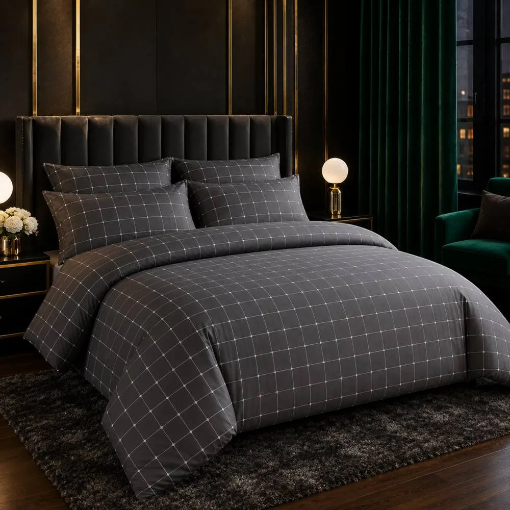 Grace Premium Microfiber Checkered Duvet Cover Set in Charcoal